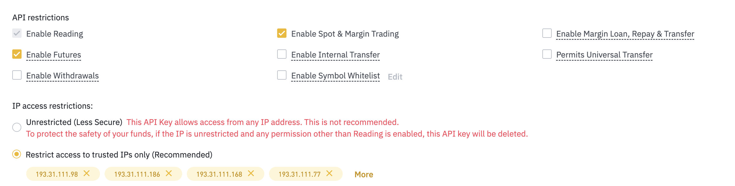 Binance API Key permission settings showing IP address field populated with example IP addresses