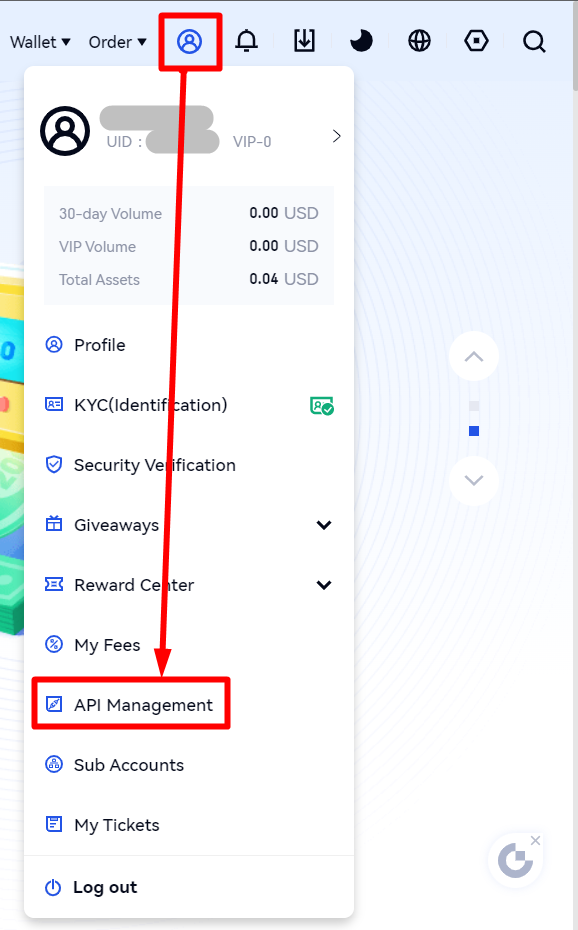 Gate.io API Management page with API Management option highlighted.
