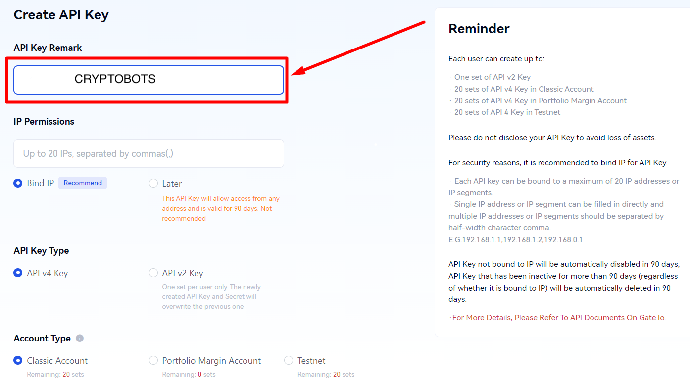 Gate.io Create API page with a field to enter the API key name, 'Cryptobots' as an example.
