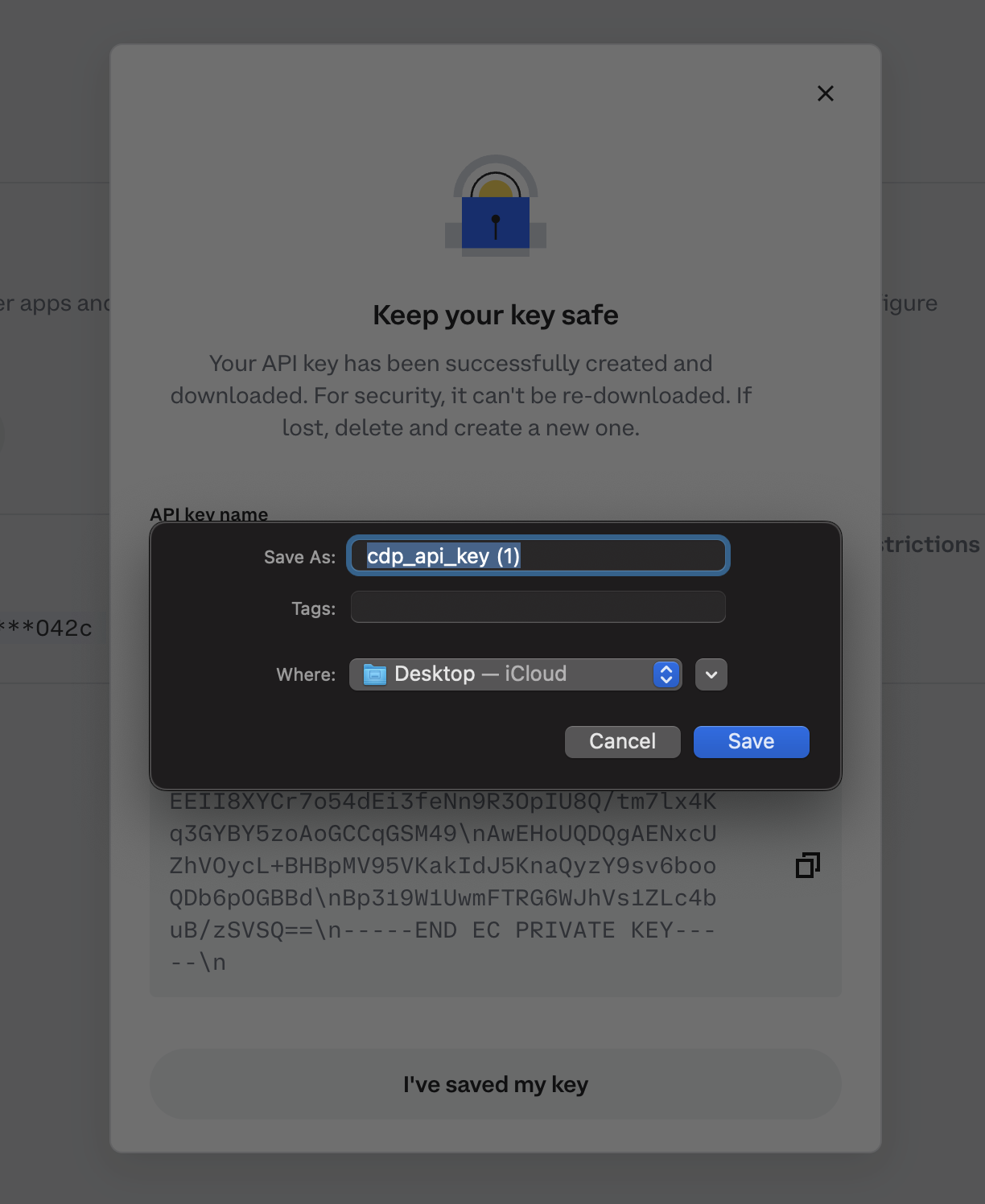 Coinbase Advanced prompt to save the API keys as a JSON file