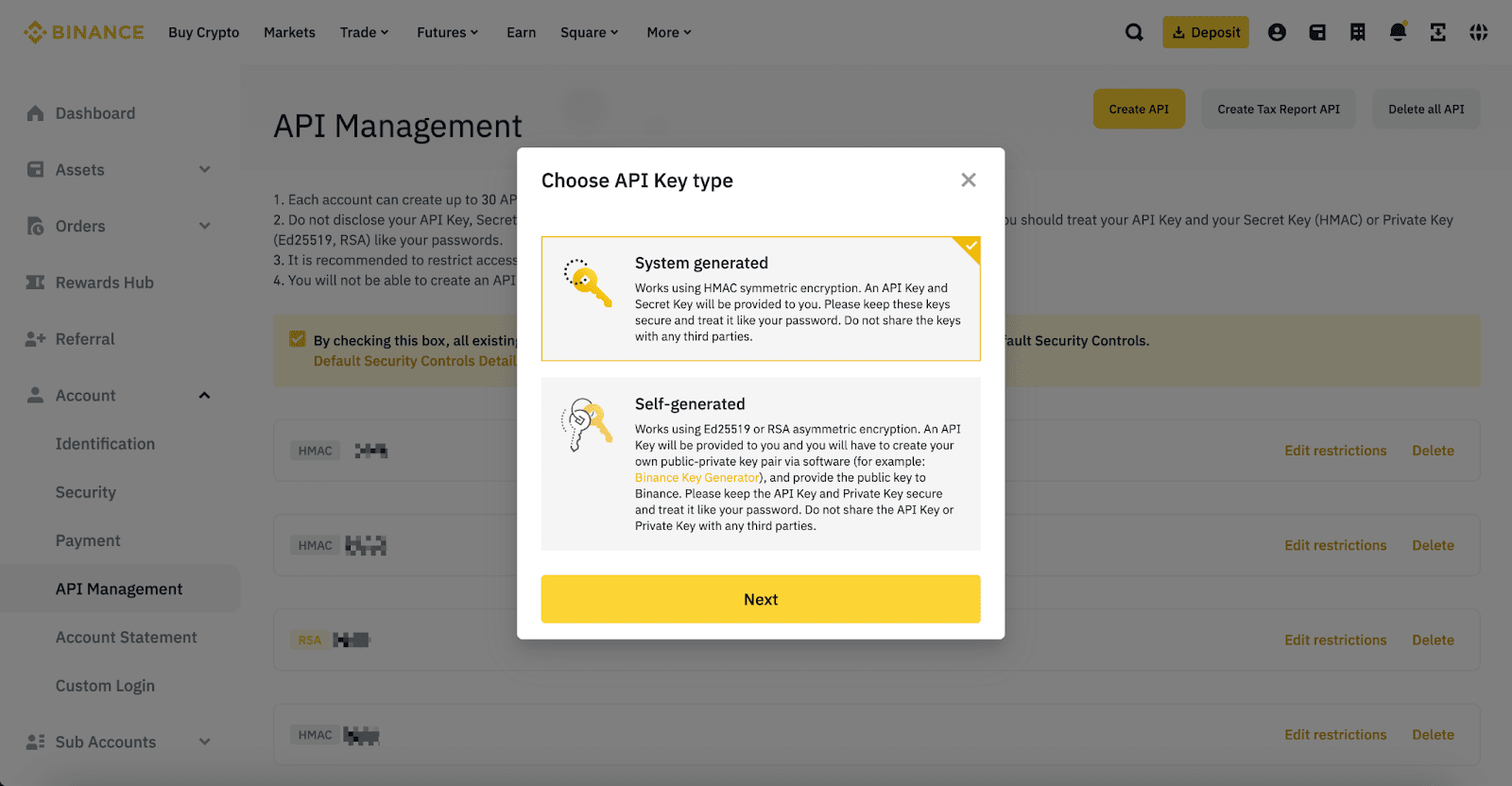 Binance API key type selection, with 'System Generated' option highlighted