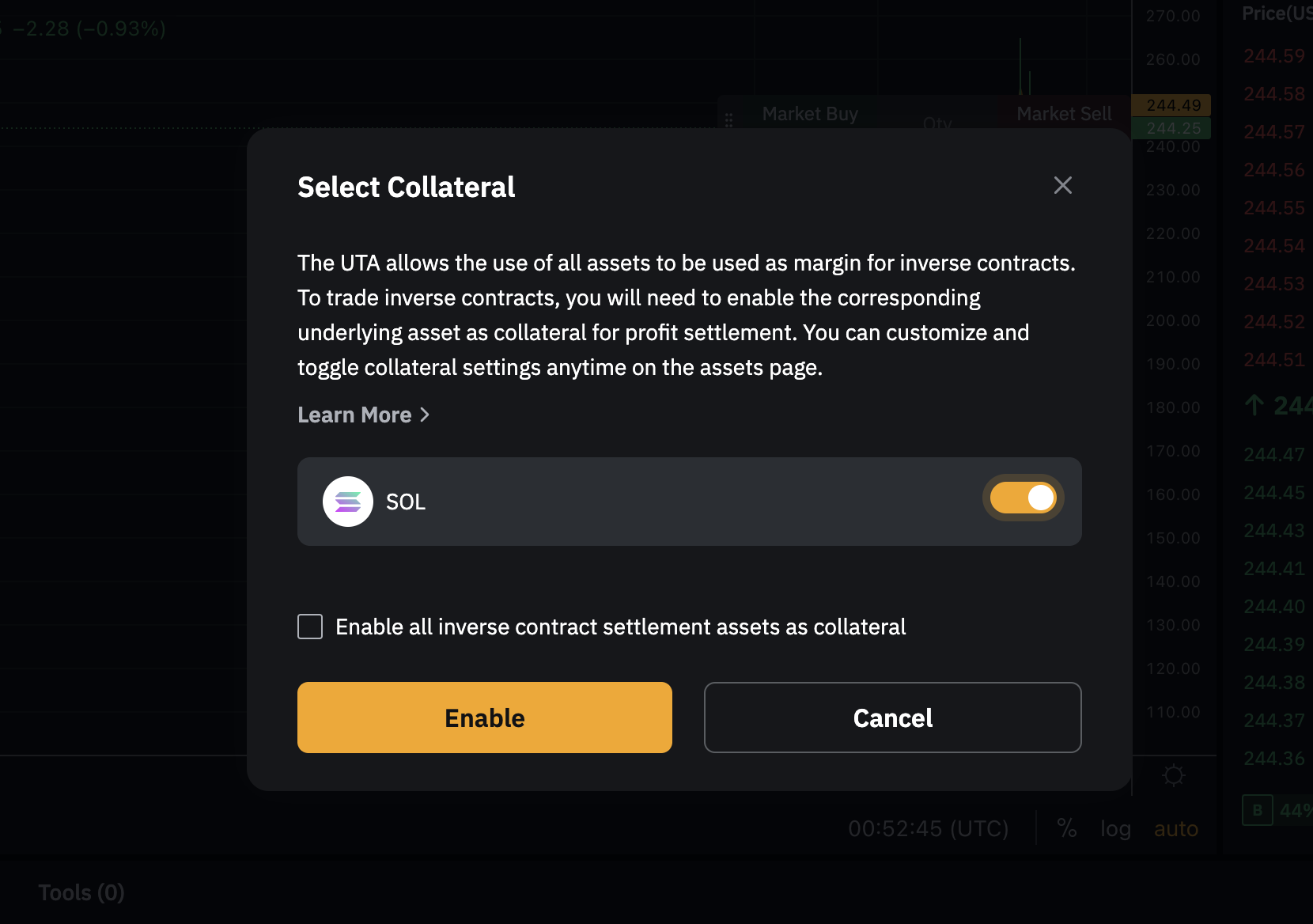 Enable Collateral pop-up displaying a list of cryptocurrency assets for selection.