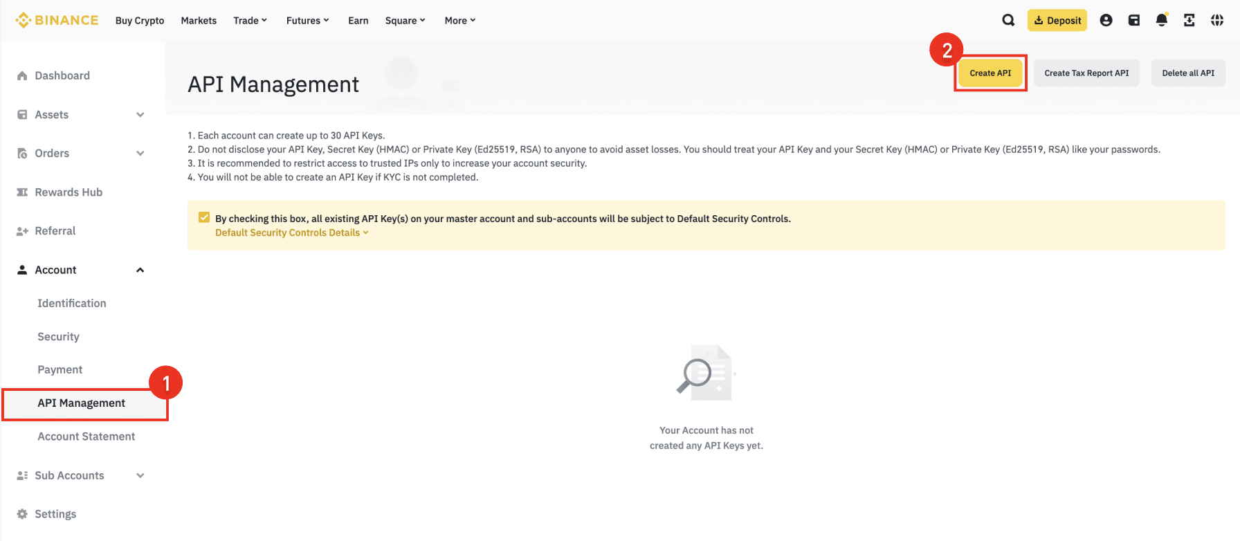 Binance Account page showing 'API Management' button
