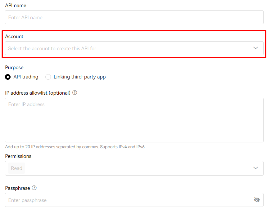 OKX API key creation form showing account selection for main and sub-accounts