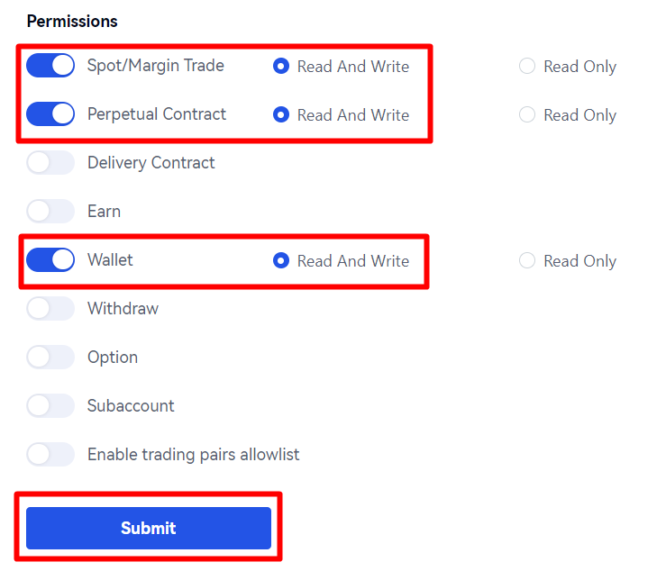 Gate.io API key permissions selection with Spot/Margin Trade, Perpetual Contract, and Wallet permissions set to Read and Write.