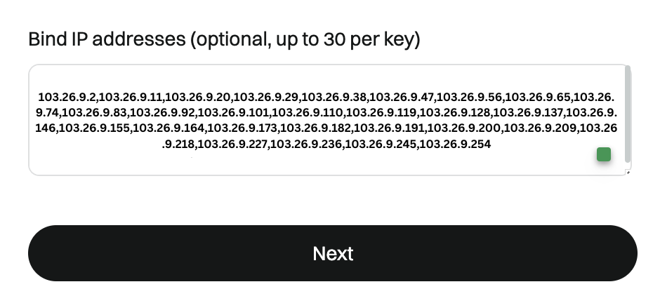 Bitget API IP address whitelist field with a list of IP addresses entered.