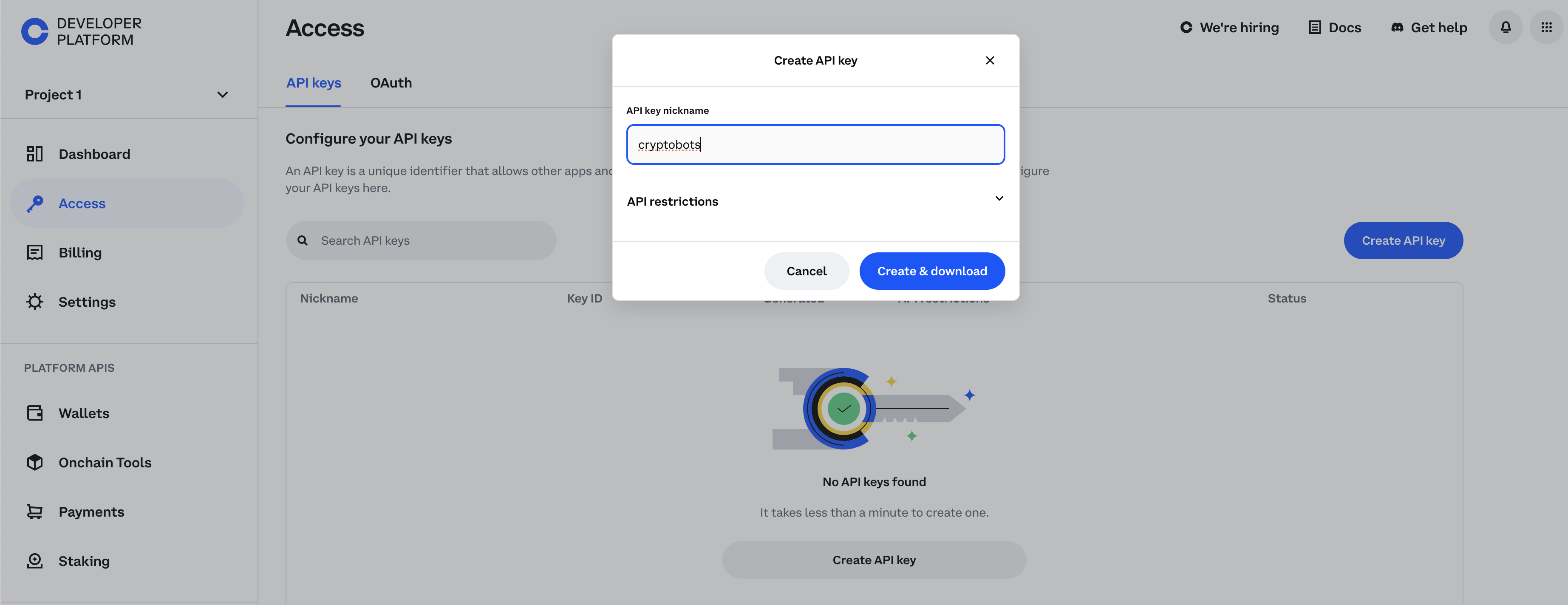 Screenshot showing the field to name the new API key, with 'Cryptobots' entered as an example