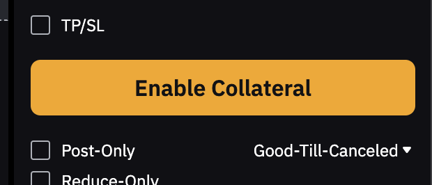 Inverse Derivatives page with 'Enable Collateral' button highlighted.