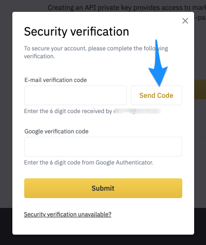 Binance security verification modal with Google Authenticator code field