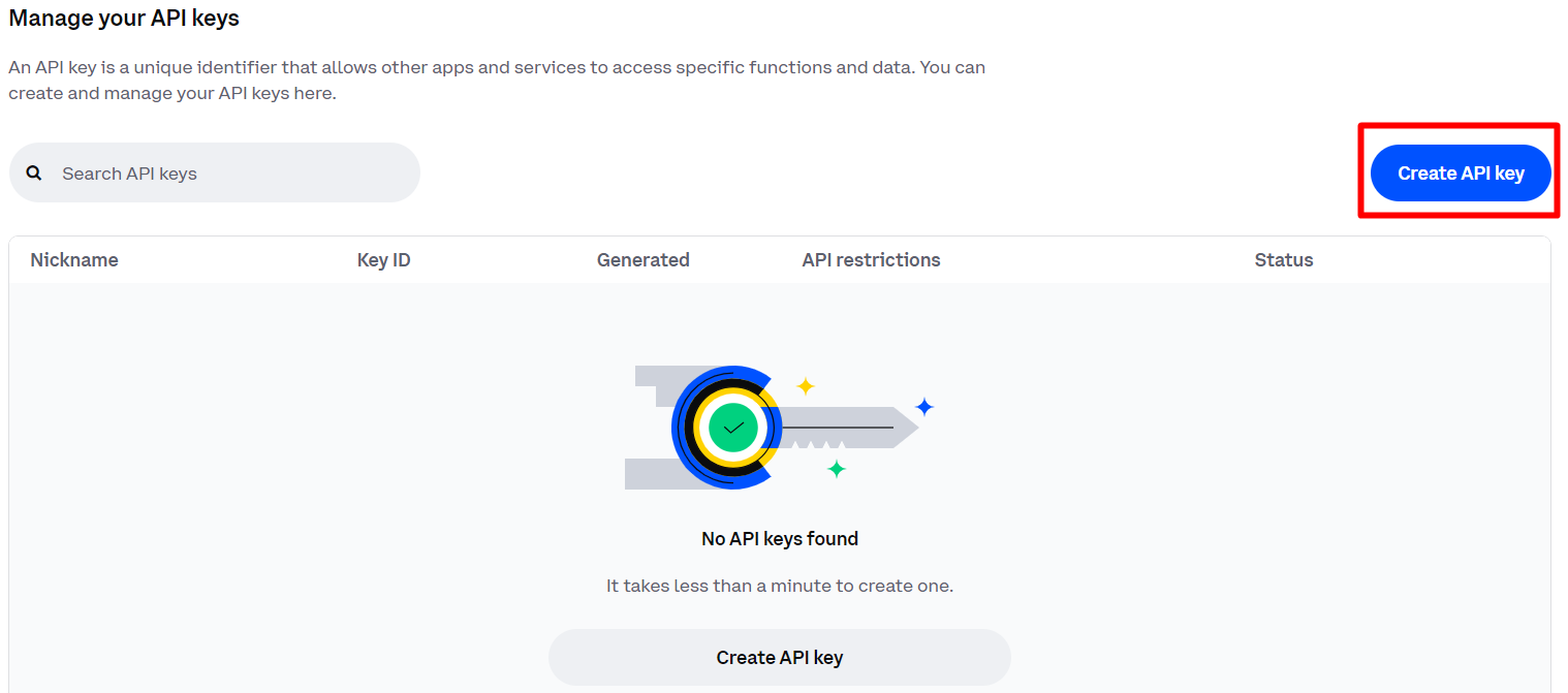 Coinbase Advanced API management page showing the 'Create API' button
