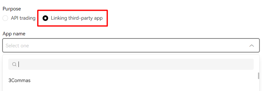 OKX API key creation form showing 'Linking third-party apps' selected with '3Commas' chosen