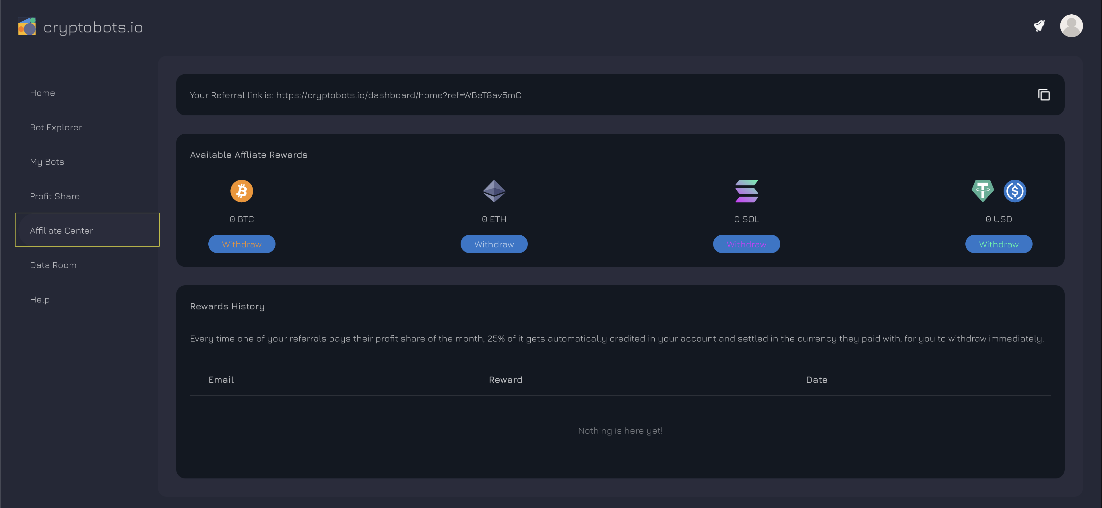 Screenshot of the Cryptobots.io Affiliate Center dashboard showing referral tracking data.