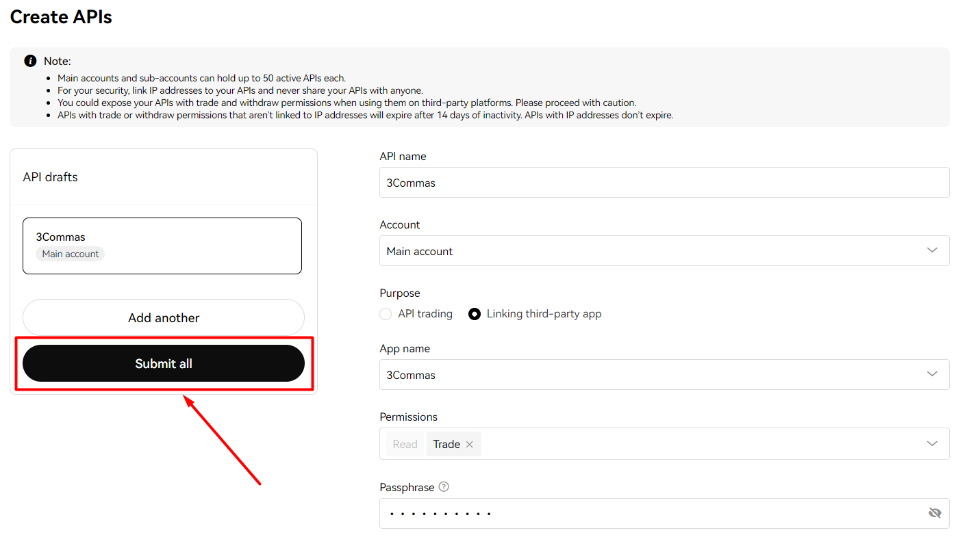 OKX API key creation form with the 'Submit all' button highlighted