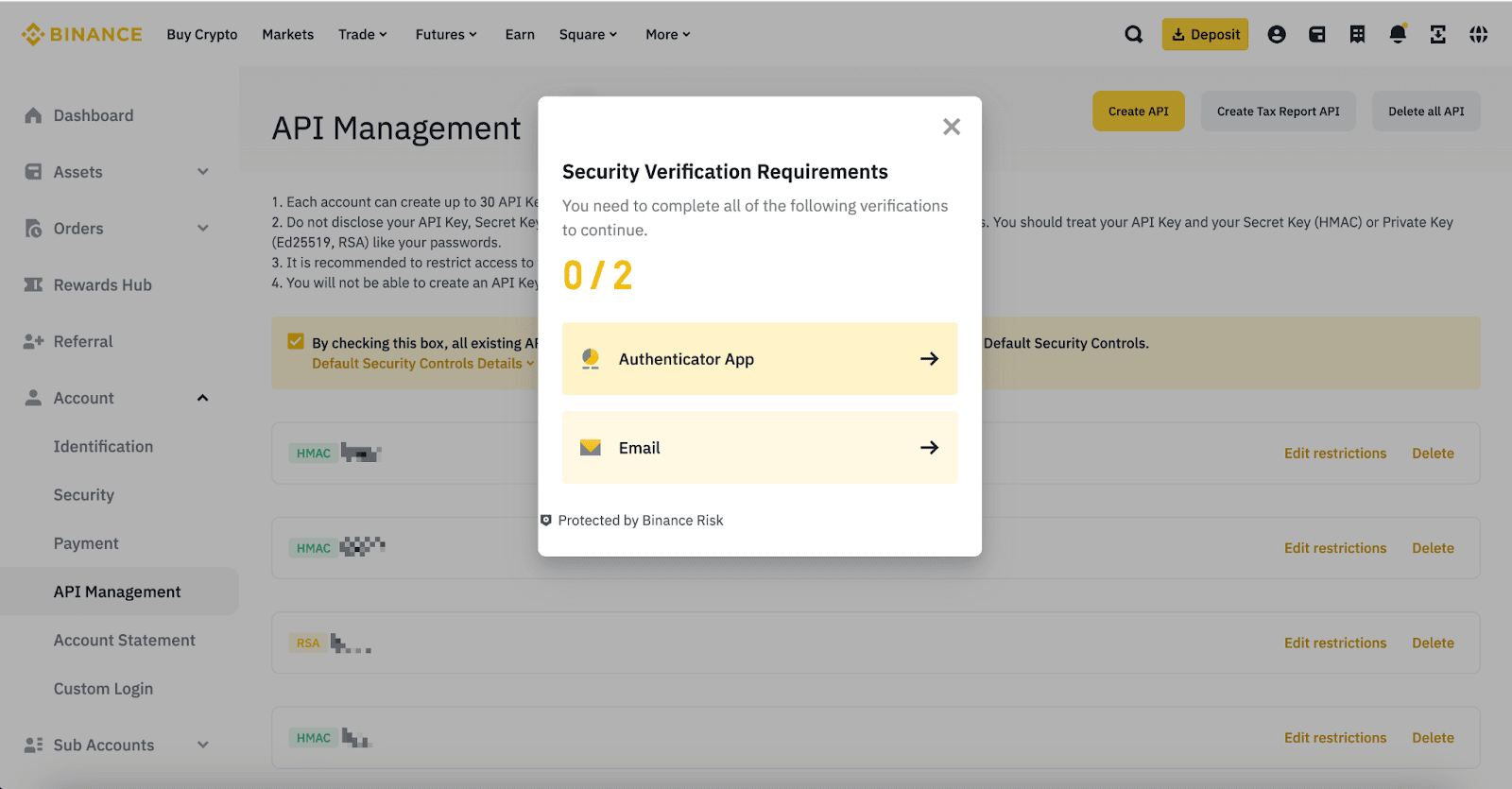 Binance security verification modal showing options for email, phone, Google Authenticator, or Pass Key verification