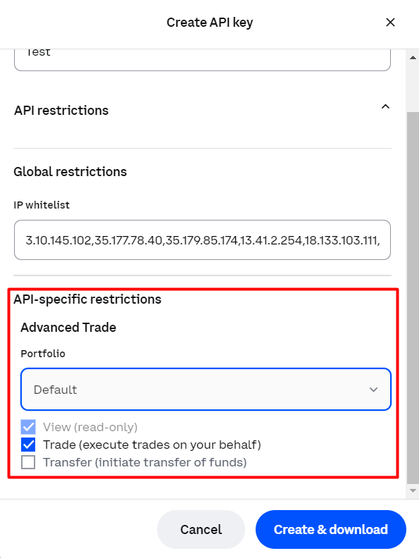 Coinbase Advanced API permissions page with 'Enable View (Read-only)' and 'Enable Trade' selected