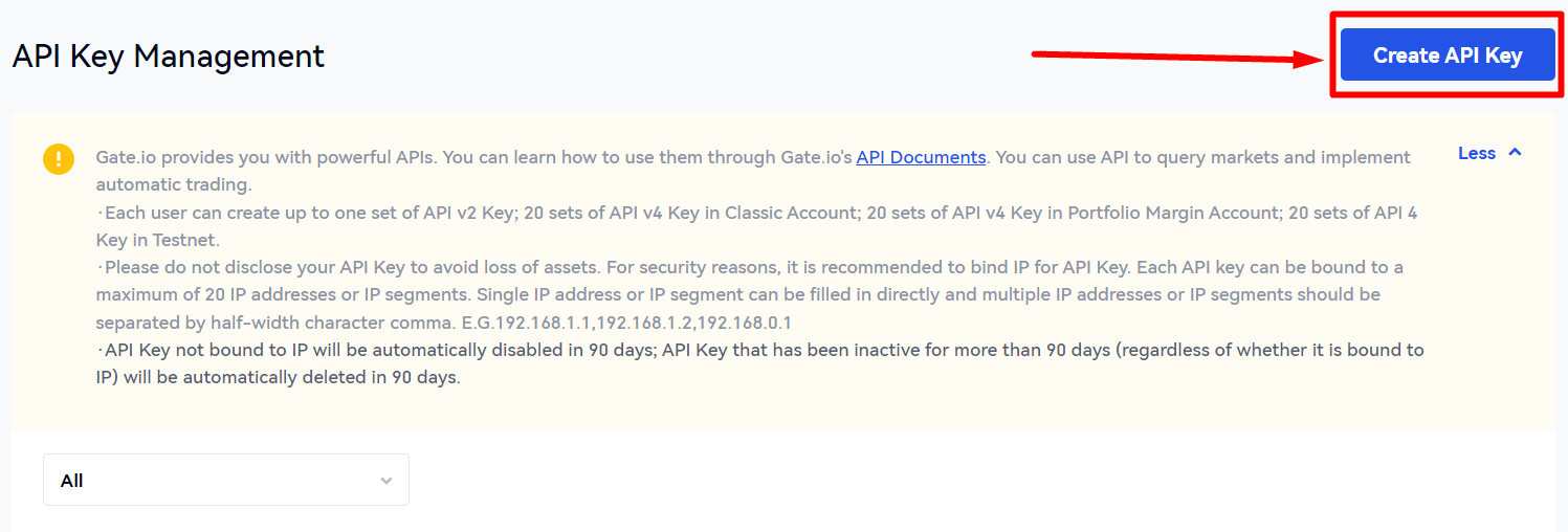 Gate.io Create API page showing prerequisites for 2FA and identity verification.