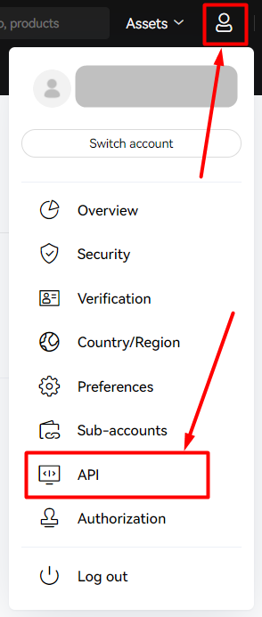 OKX profile icon dropdown menu showing the API option