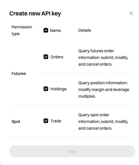 Bitget API key permissions section with 'Read-write', 'Orders', and 'Holdings' selected.