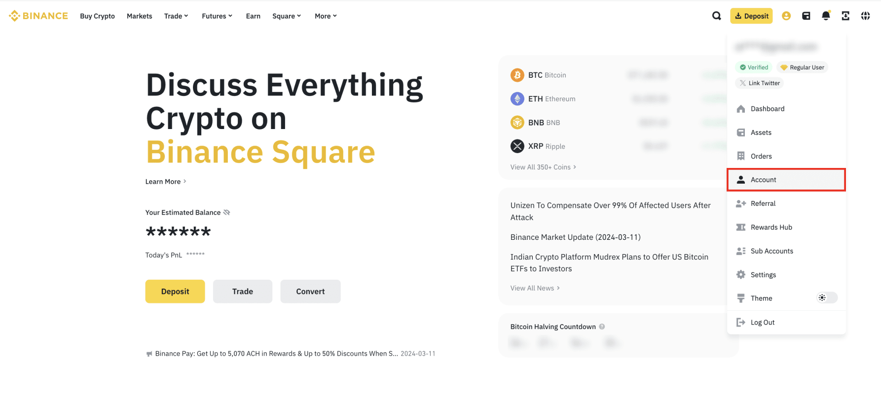 Binance user profile dropdown menu with 'Account' selected