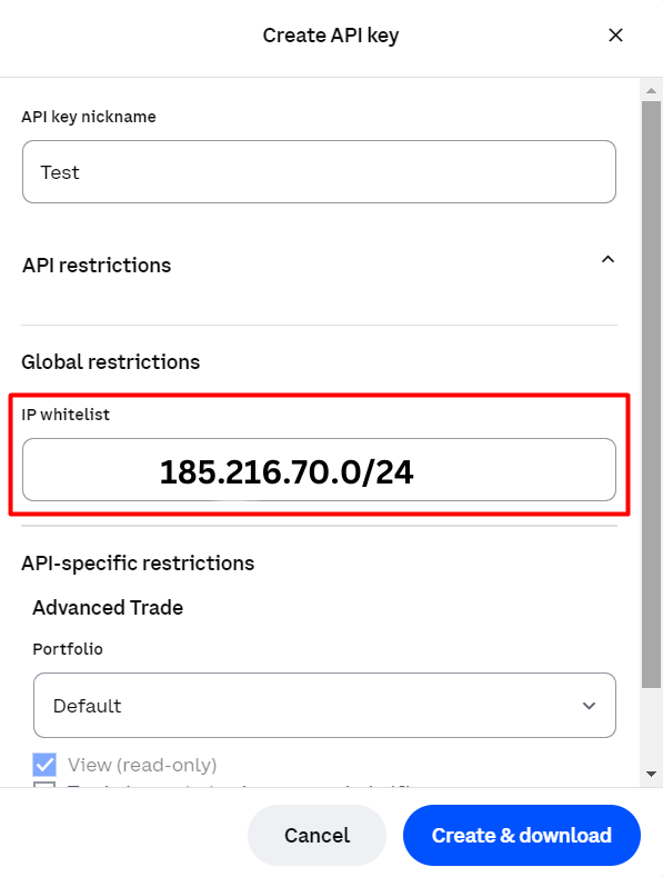 Coinbase Advanced API settings showing 'Restrict access to trusted IPs only' selected and the IP address field