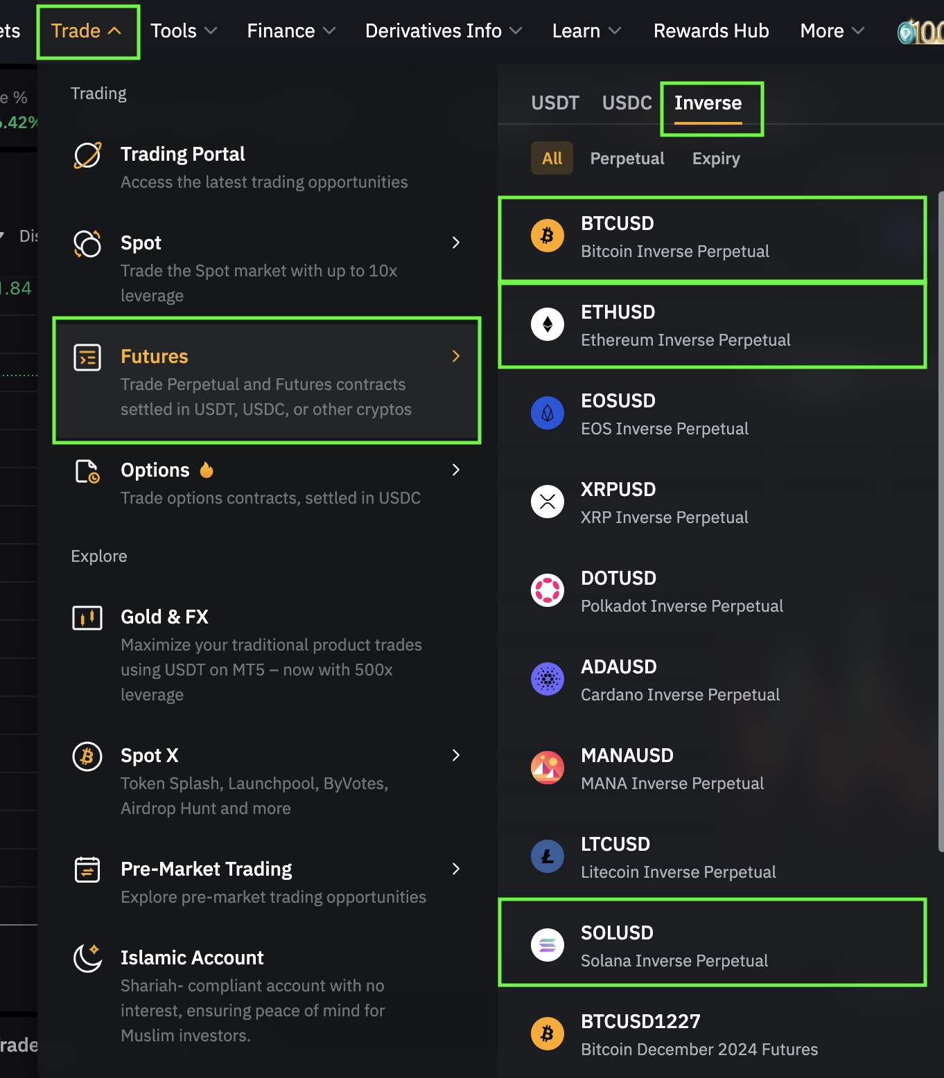 Bybit navigation showing 'Trade' > 'Futures' > 'Inverse' menu selection.