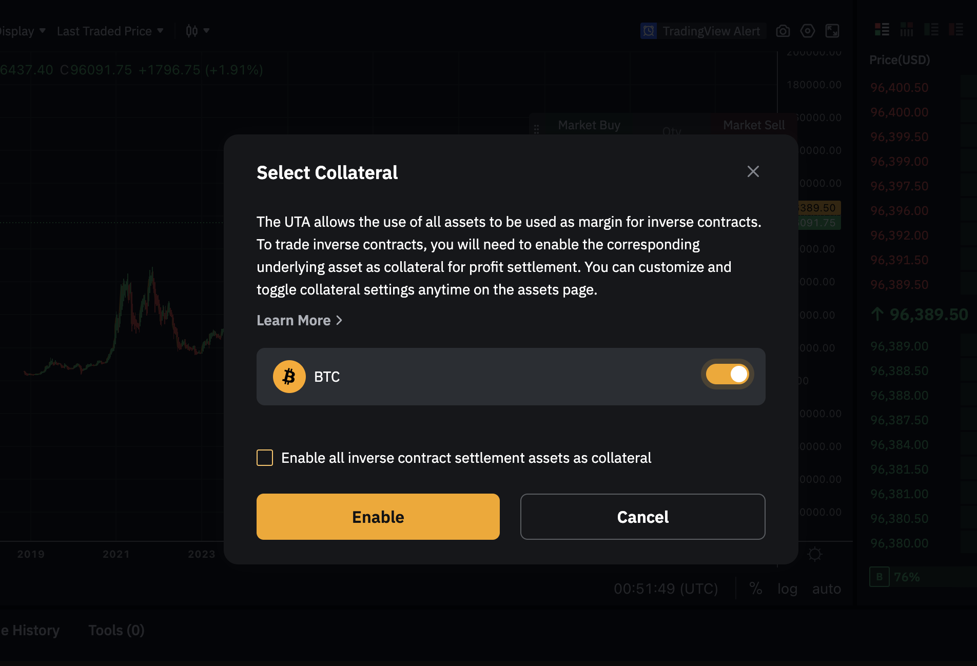 Enable Collateral pop-up with Bitcoin (BTC) asset selected and 'Enable' button highlighted.
