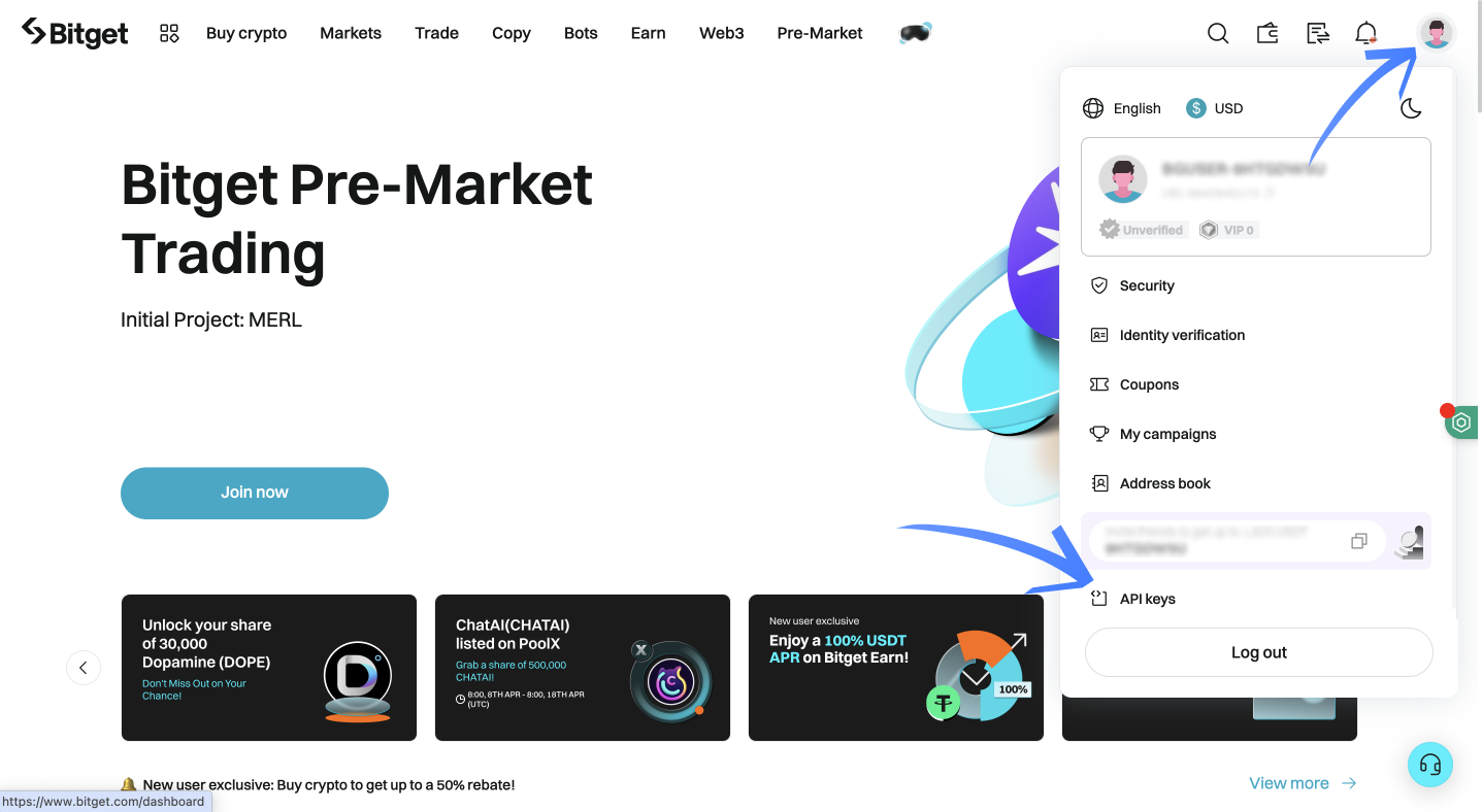 Bitget account menu showing the 'API Keys' option highlighted.
