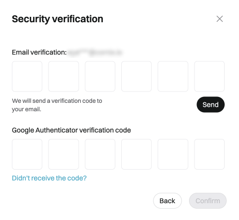 Bitget security verification pop-up for email and Google Authenticator codes.