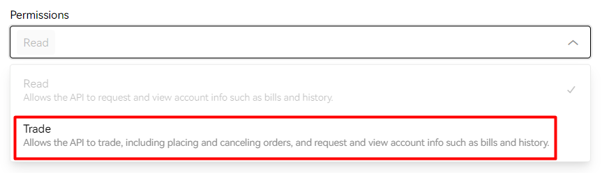 OKX API key creation form showing 'Trade' permission selected