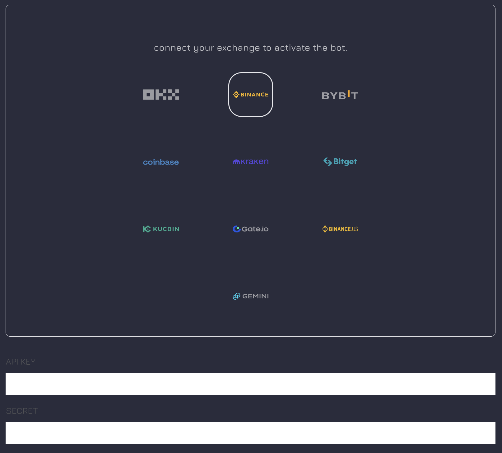 Cryptobots.io platform interface with fields to enter Binance API Key and Secret Key