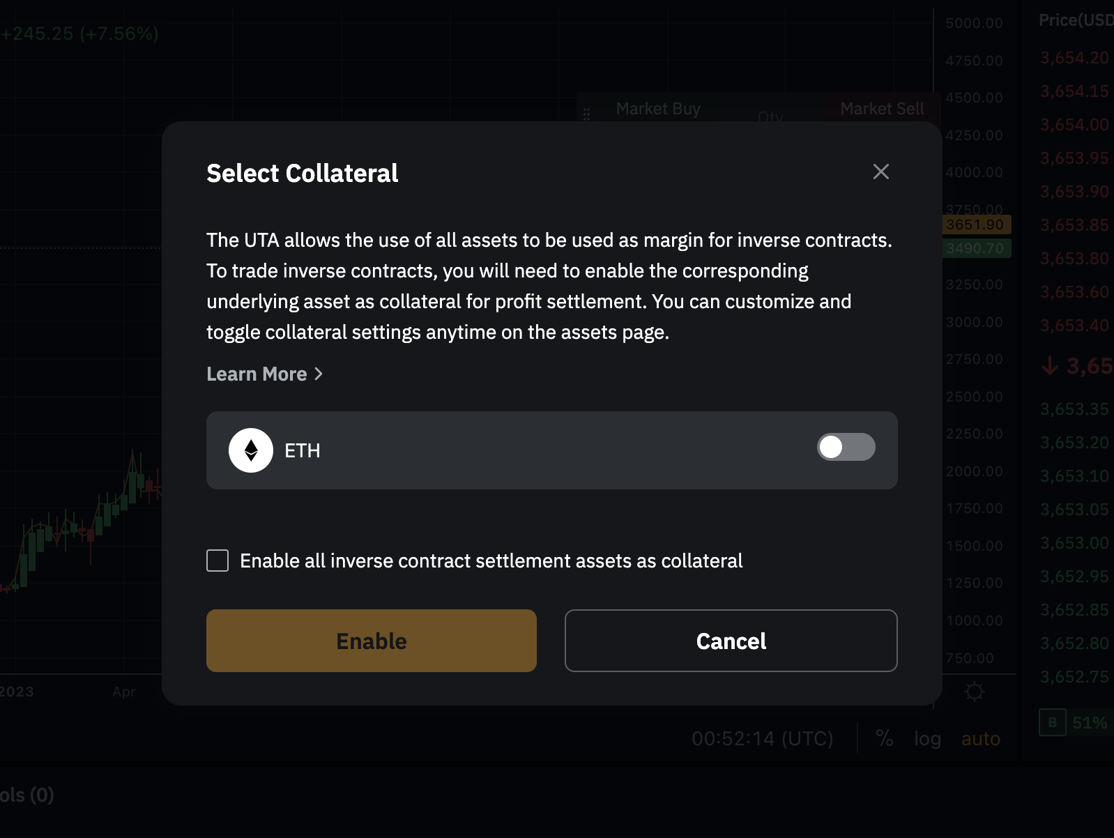 Enable Collateral pop-up with Ethereum (ETH) asset selected and 'Enable' button highlighted.