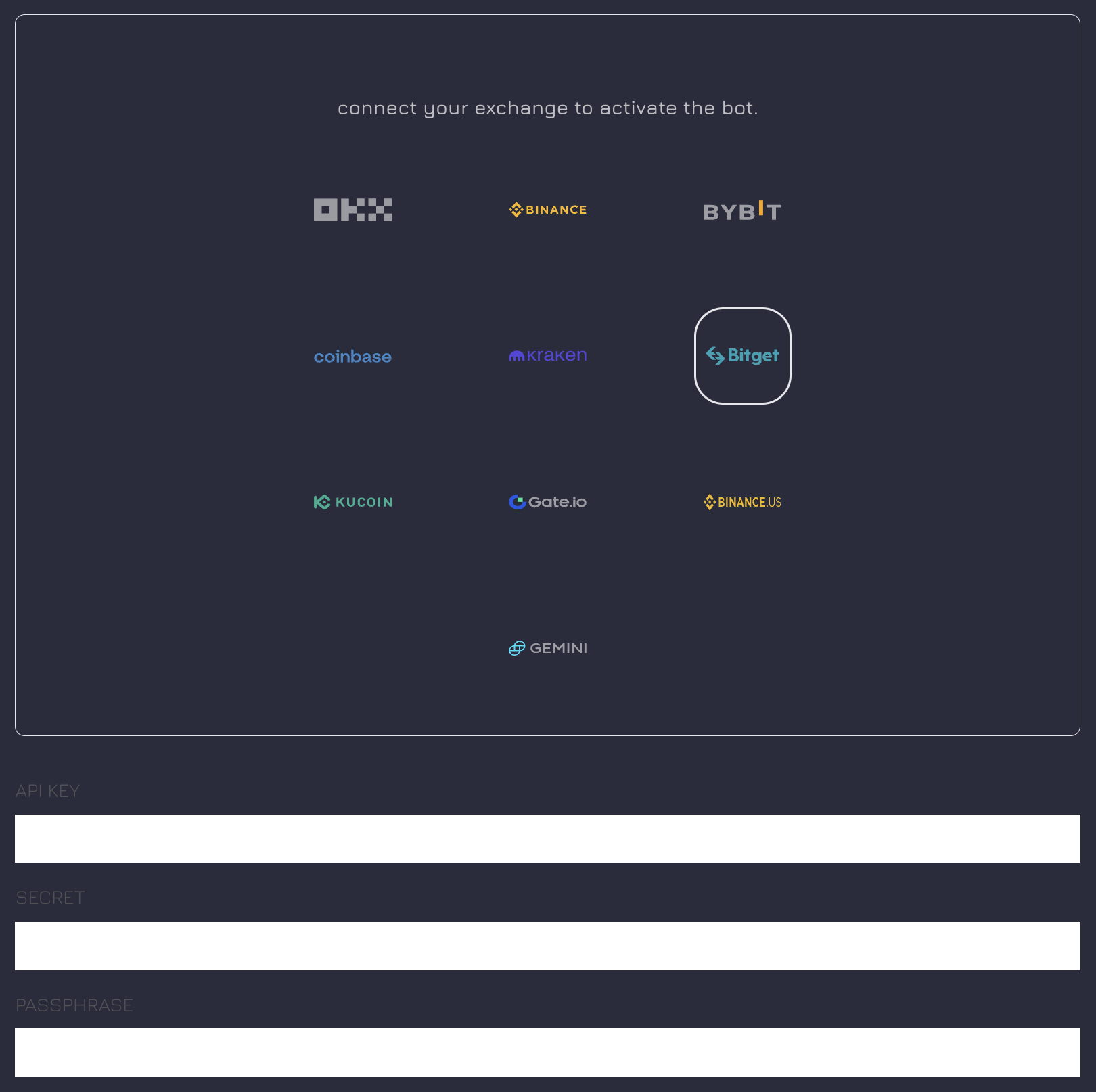 Cryptobots.io account interface showing successful API key connection.