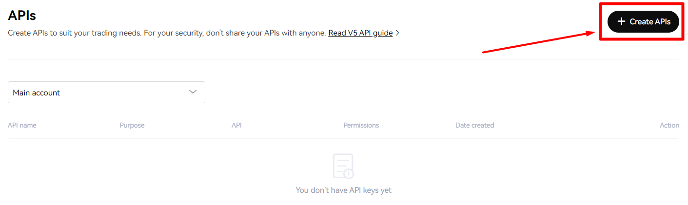 OKX API management page with the Create API button highlighted