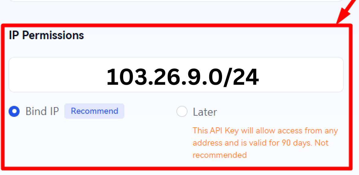 Gate.io IP address binding section with 'Bind IP (Recommended)' selected and IP address field showing '103.26.9.0/24'.
