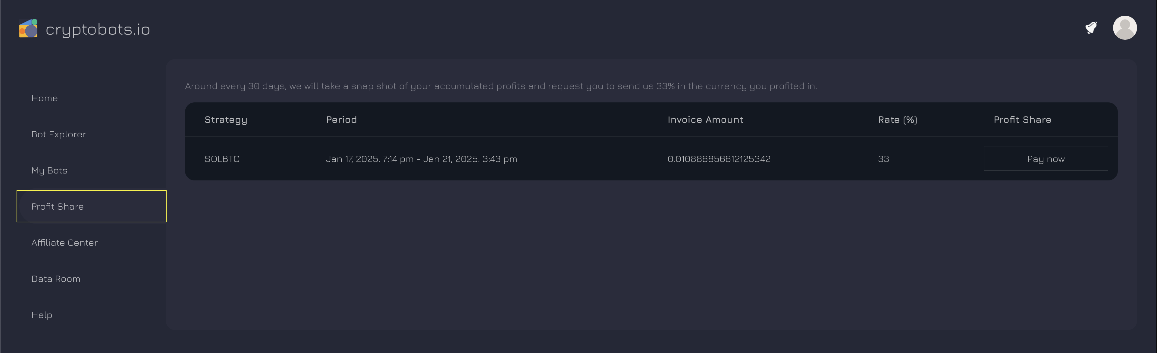 Cryptobots.io billing interface displaying a generated invoice for calculated profits.