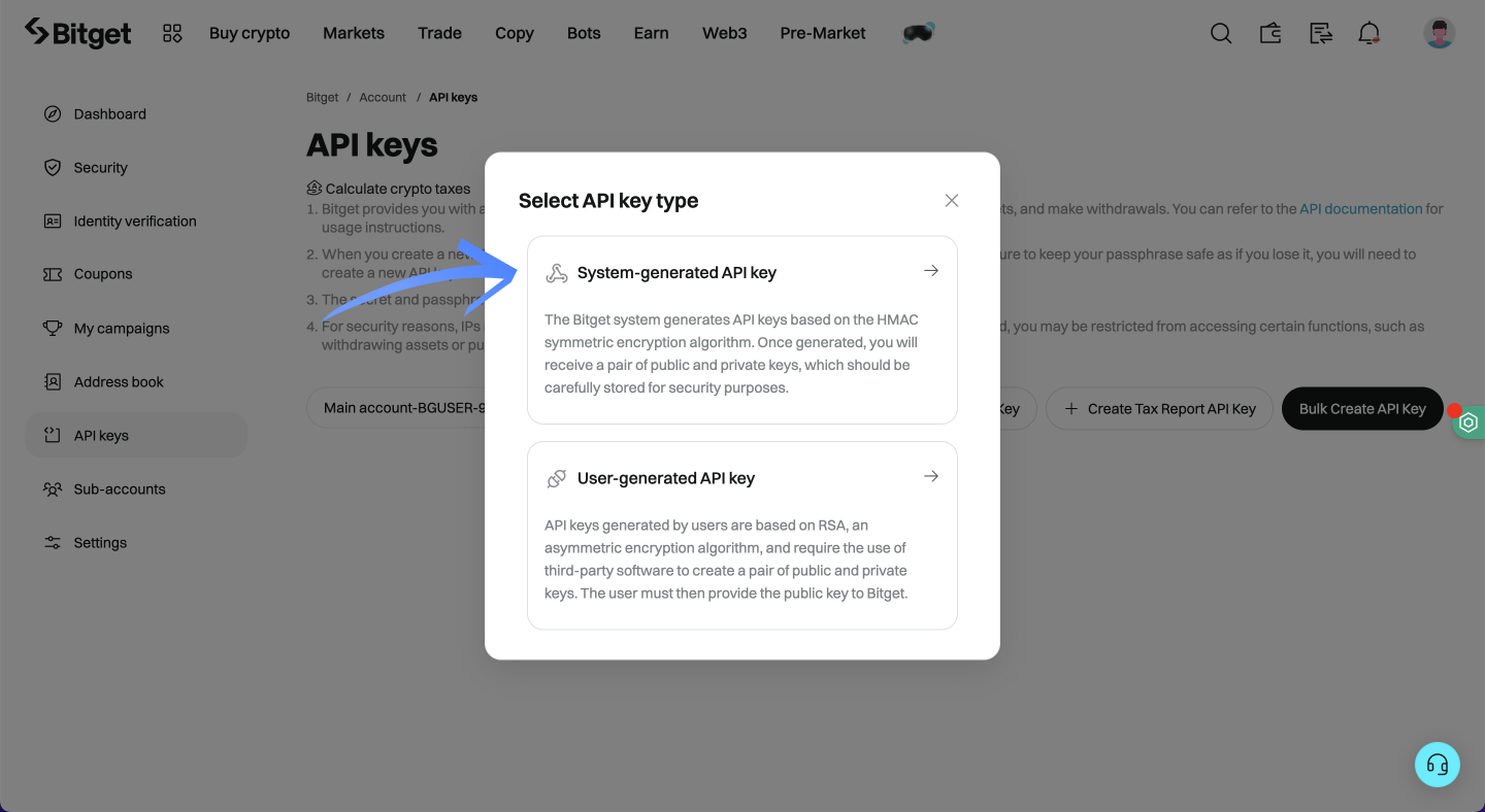 Bitget API key creation screen showing the option to 'System generate' keys.