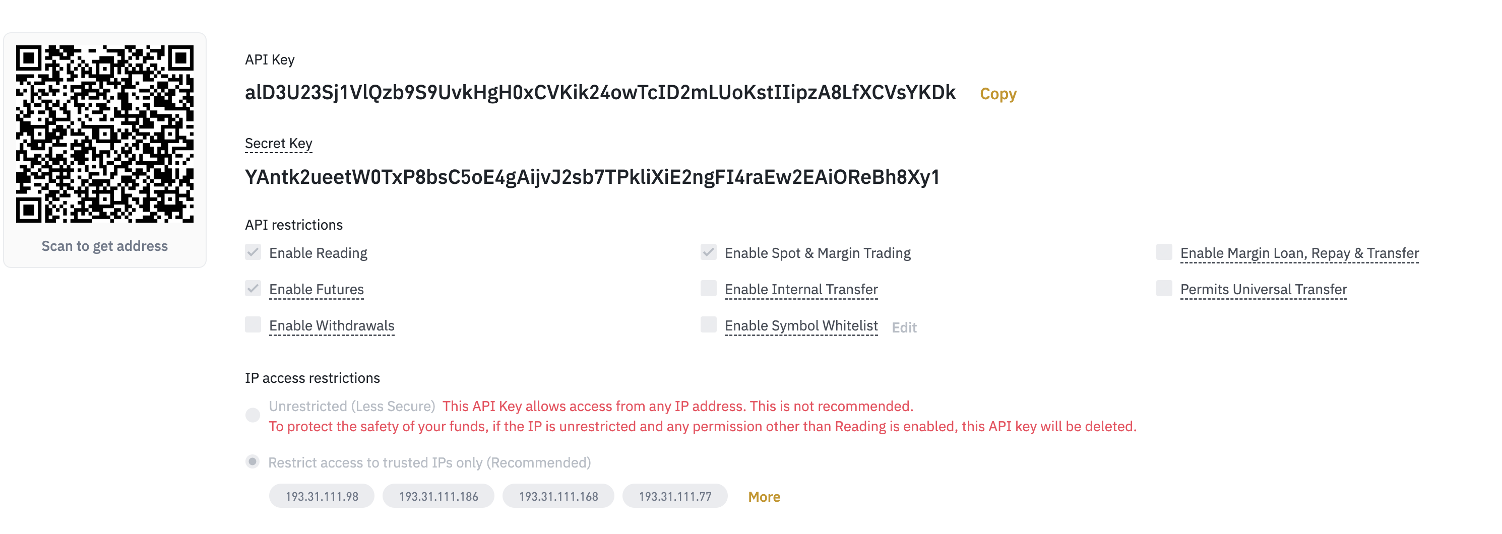 Binance API Key permission settings with 'Enable Reading', 'Enable Spot & Margin Trading', and 'Enable Futures' permissions selected