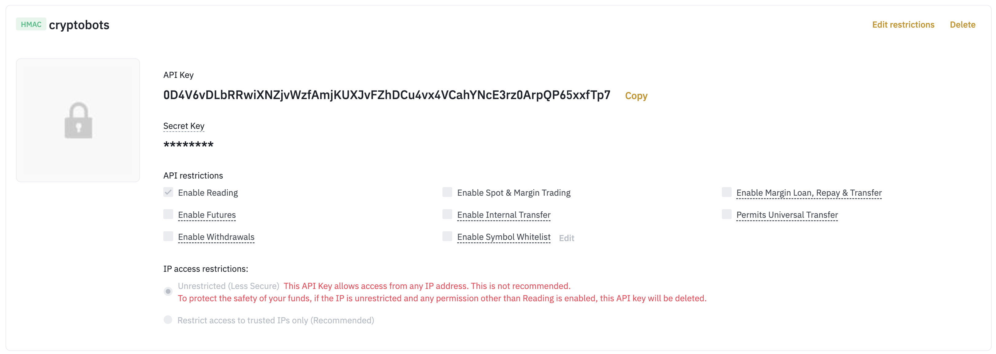 Binance API Key details page showing newly created API key