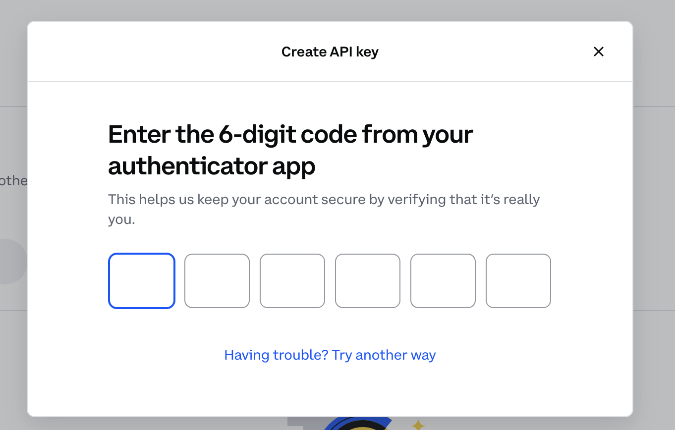 Coinbase Advanced security verification prompt to enter the Google Authenticator code