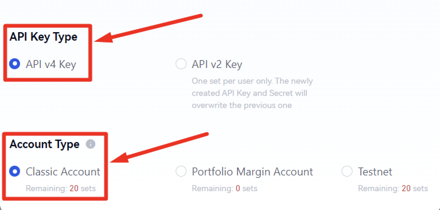 Gate.io API Key creation page showing 'API v4 Key' and 'Classic Account type' selected.
