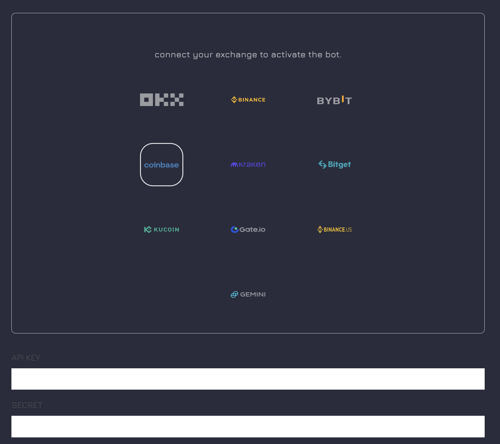 Cryptobots.io platform showing API Key and Secret Key fields populated