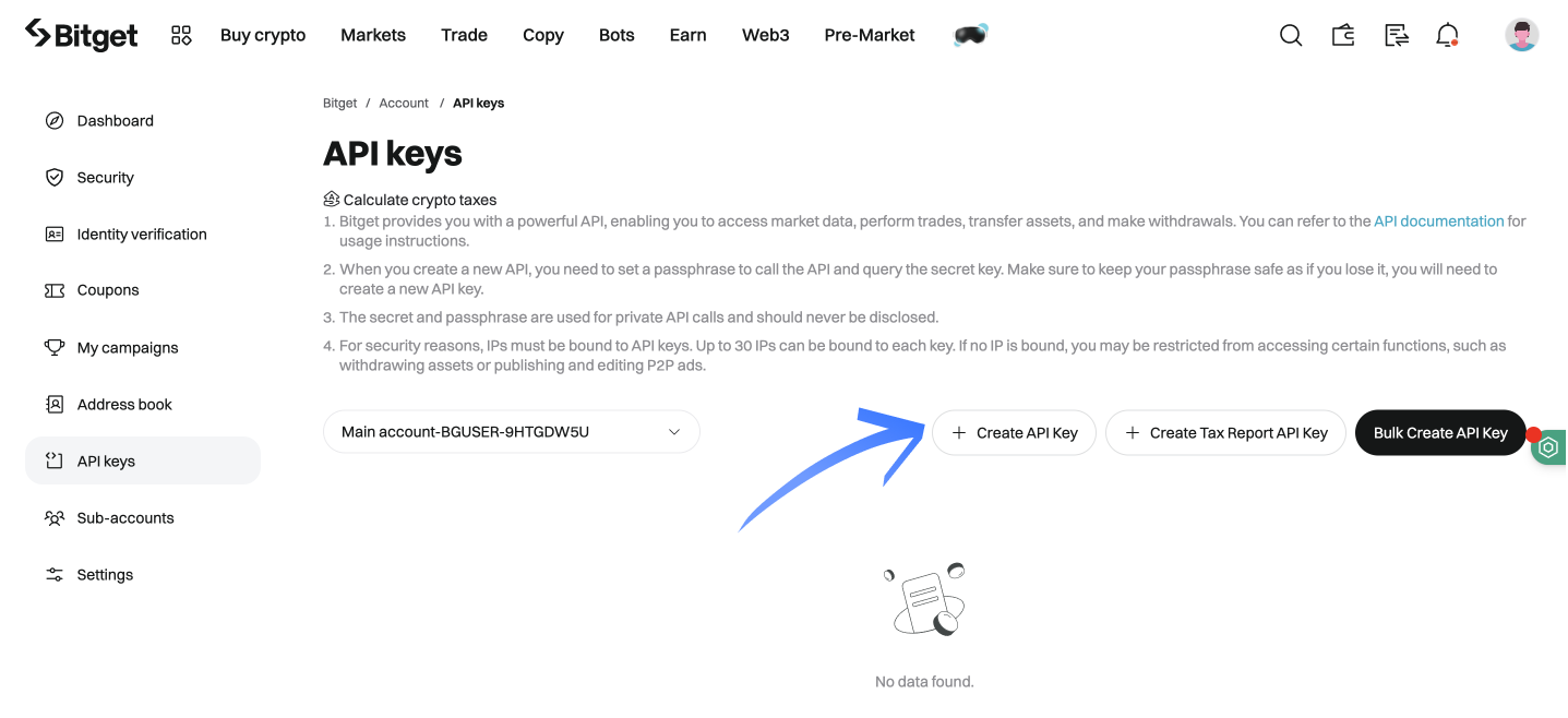 Bitget API management page with the 'Create API' button highlighted.