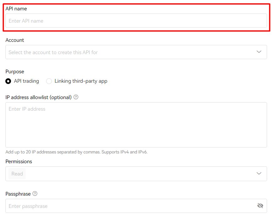 OKX API key creation form with a field for API name, showing 'Cryptobots' as an example
