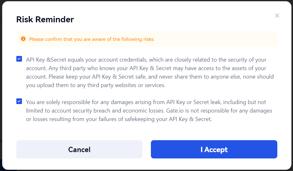 Gate.io Risk Reminder pop-up with two paragraphs ticked and 'I Accept' button.