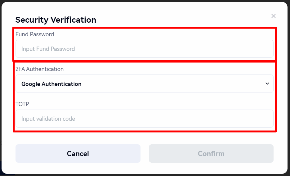 Gate.io security verification page requiring Fund Password and 2FA code.