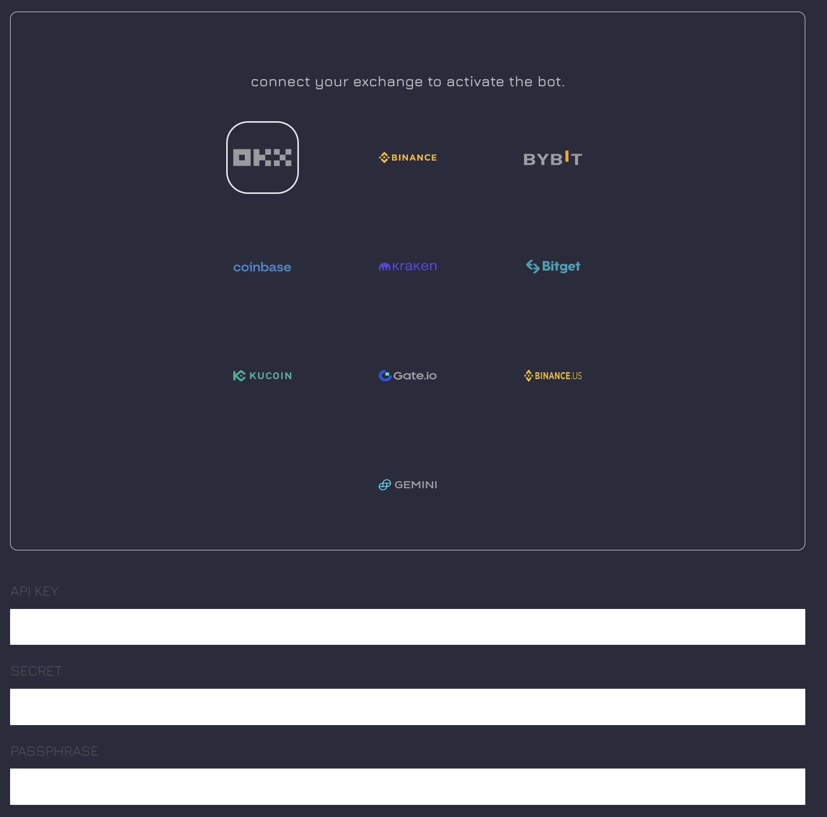 Cryptobots.io platform interface showing entered API Key and Secret Key with a 'Connect' button